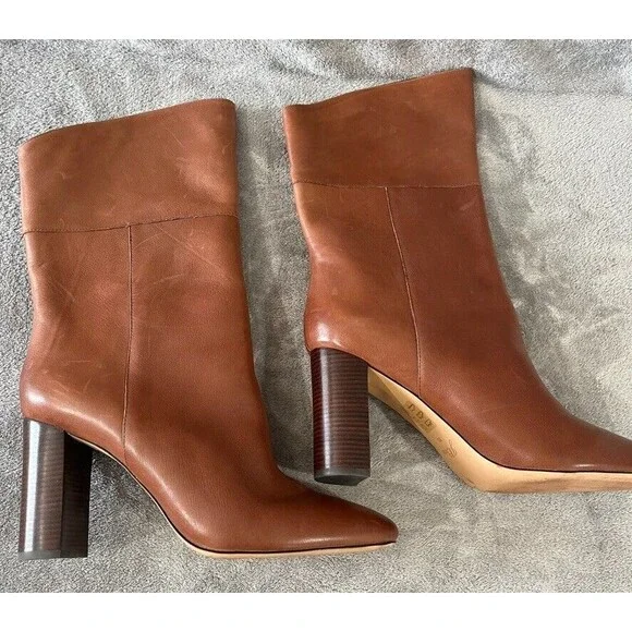 J.Crew Anya Mid Calf Stacked Boot Burnished Brown Leather Womens Size 12 - Picture 1 of 12